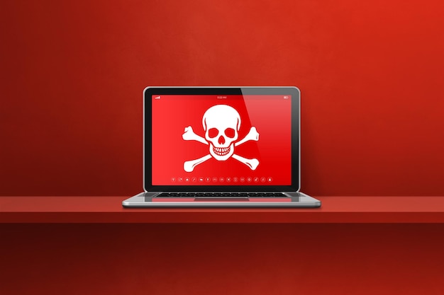 Laptop on a shelf with a pirate symbol on screen Hacking concept