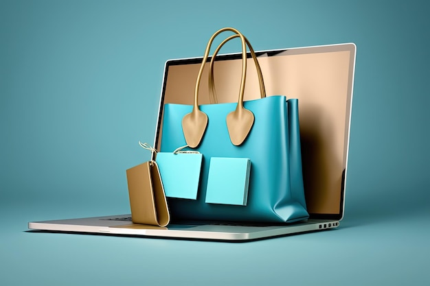 ノートパソコンと買い物袋のイラスト 青背景 ジェネレーティブAI