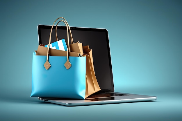 Laptop and shopping bags illustration blue background Generative AI