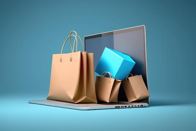 Laptop and shopping bags illustration blue background Generative AI