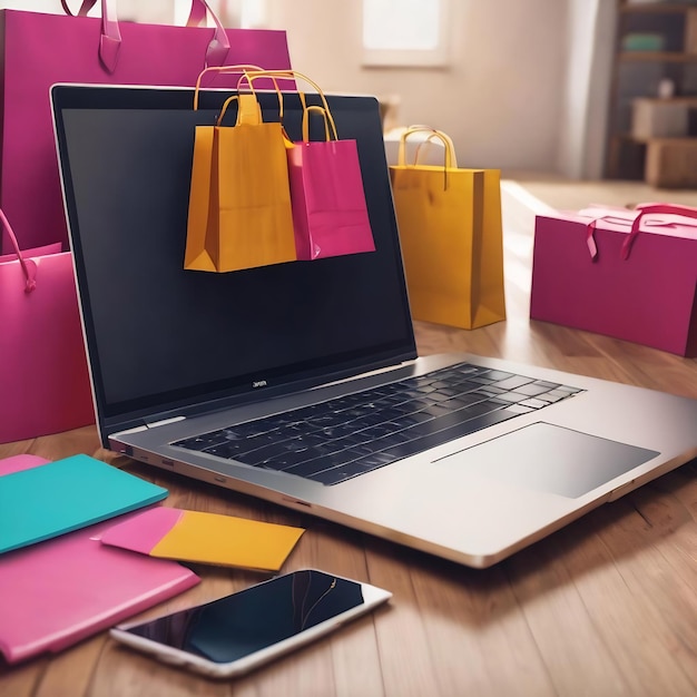 Laptop and shopping bags online shopping concept