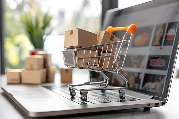 Laptop and Shopping Cart in Bronze and Grey Style