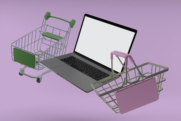 Laptop and shopping carts right side in purple background