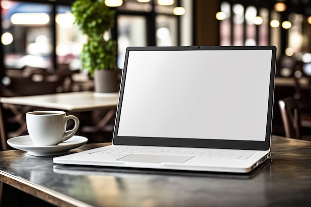 Laptop showing blank empty white mockup screen in coffee shop restaurant Generative AI