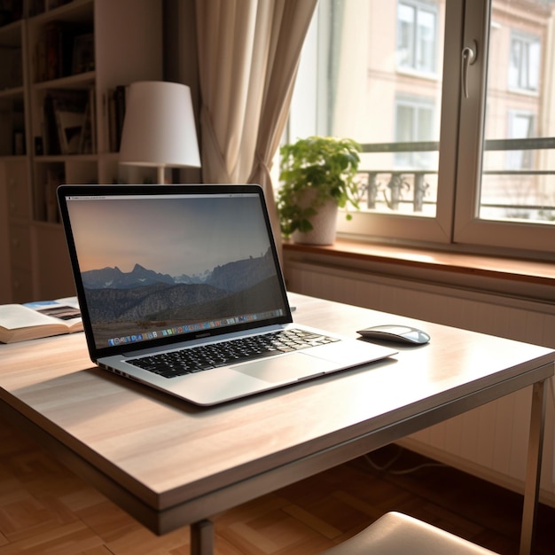 a laptop sits on a desk with a mountain in the background.