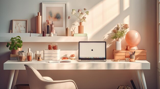 a laptop sits on a desk with a picture of flowers in the background.