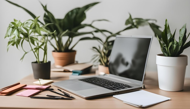 a laptop sits on a desk with a plant in the background