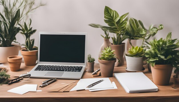 a laptop sits on a desk with a plant in the corner of it