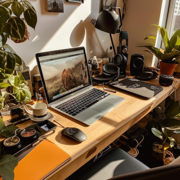 A laptop sits on a desk with a plant in the corner