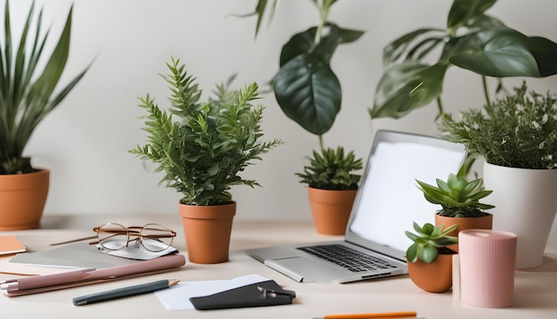 a laptop sits on a desk with a plant and a pen on it