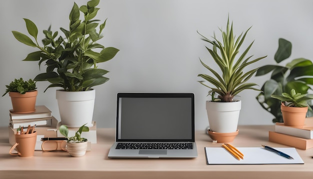 a laptop sits on a desk with plants on it and a notepad on the screen