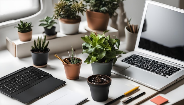 a laptop sits on a desk with potted plants on it