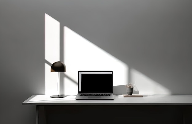 a laptop sits on a desk with the sun shining through the window