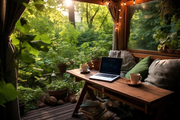 a laptop sits on a porch with a view of the forest.