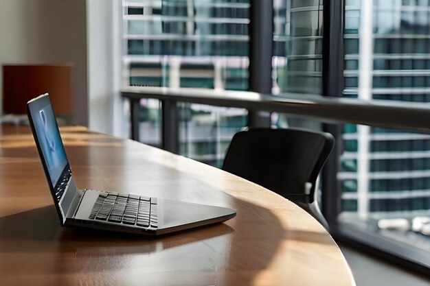 Photo a laptop sits on a table in a large office