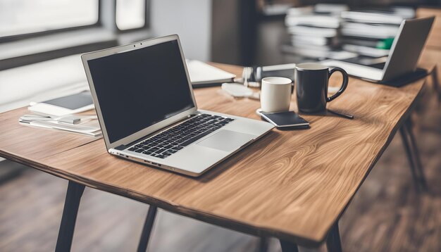 a laptop sits on a table with a mug of coffee and a mug of coffee