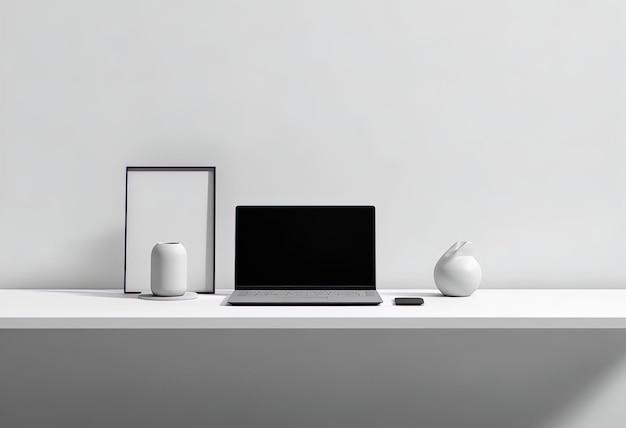 a laptop sits on a white desk with a white vase and a white vase.