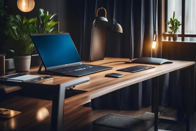 A laptop sits on a wooden desk in a dark room with a lamp on the table.