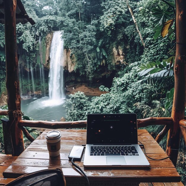 Photo a laptop sits on a wooden table in front of a waterfall