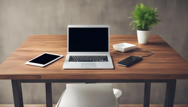 Photo a laptop sits on a wooden table next to a plant and a plant