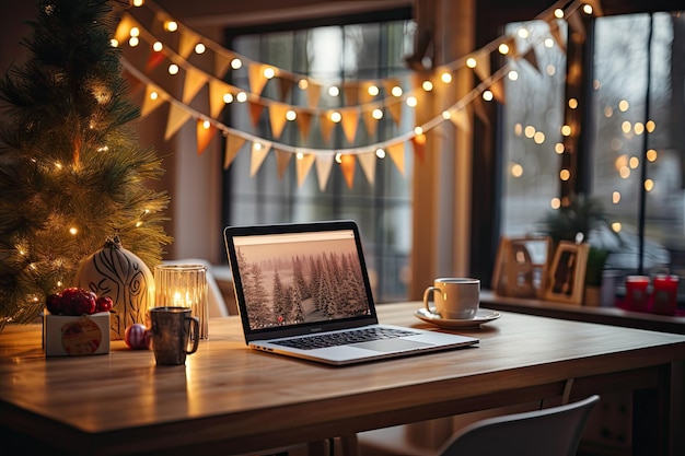 Foto un portatile seduto su un tavolo accanto a una tazza di caffè e un albero di natale con le luci nella finestra dietro di esso