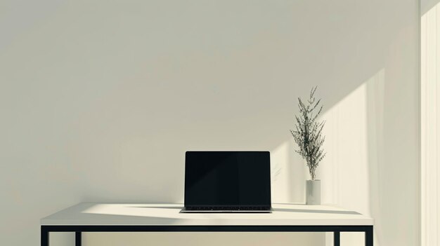 Photo laptop sitting on a table next to a decorative potted plant harmonious fusion of productivity and greenery in the office