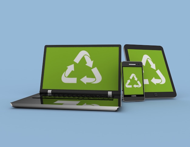 Laptop smartphone en tablet pc met recycle teken. 3D-gerenderde afbeelding