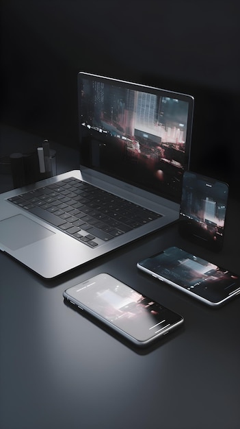 Laptop smartphone and tablet pc on black background 3d rendering