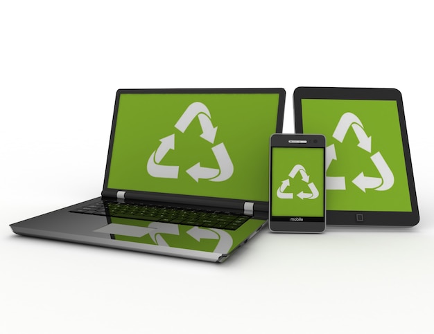 Laptop smartphone and tablet pc with recycle sign . 3d rendered illustration