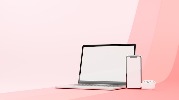 ピンクの背景3dレンダリングで分離されたモックアップ画面とイヤホンを備えたラップトップとスマートフォン