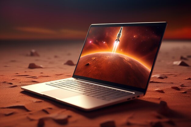 Laptop and space rocket over the planet mars Generative AI