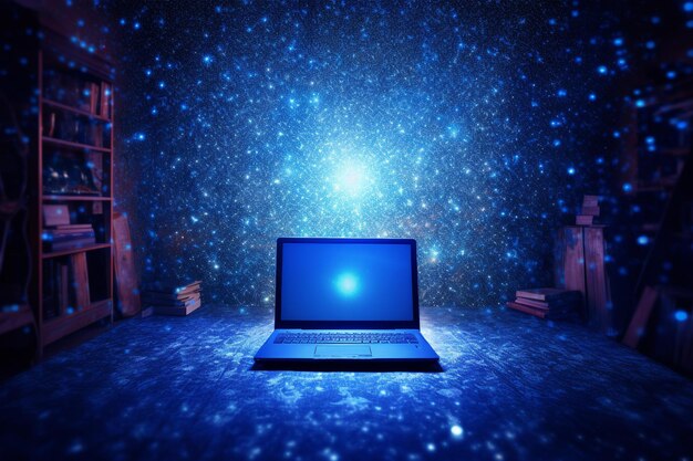 Photo a laptop on a stage with a blue background with stars and a blue background.