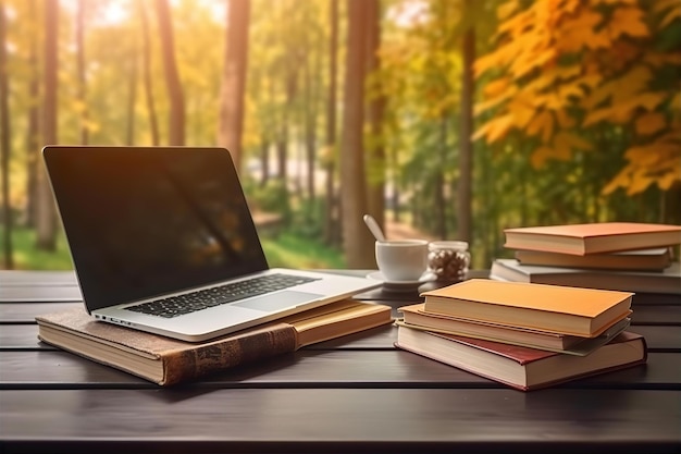 Laptop and Stationary on the Table with Nature View Background