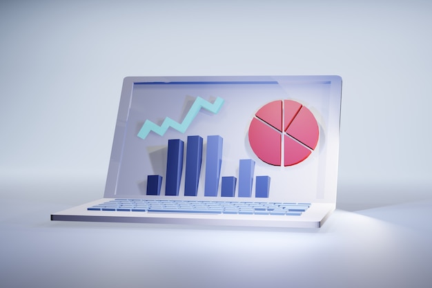 Laptop statistics 3D illustration: Screen with financial or marketing results graphs