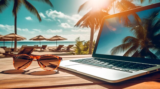 Foto laptop e occhiali da sole sulla spiaggia delle hawaii ai generativa