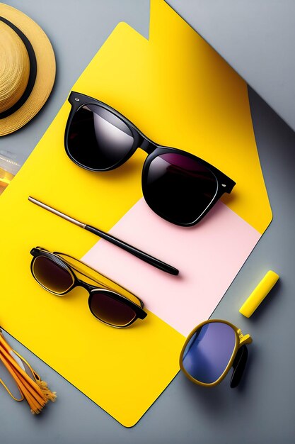 Laptop sunglasses and straw hat on yellow background