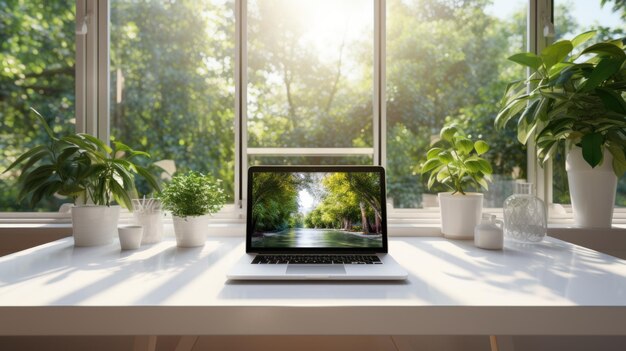 A laptop on a sunny windowsill surrounded by plants