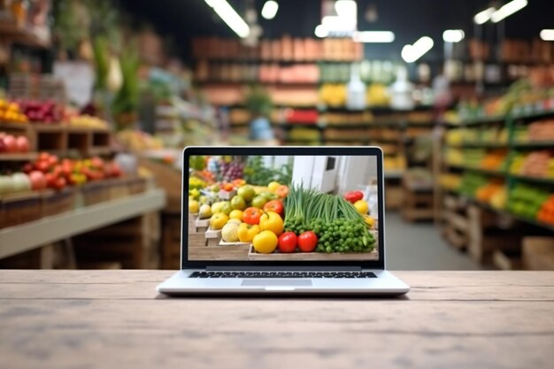 Laptop at the supermarket shopping online