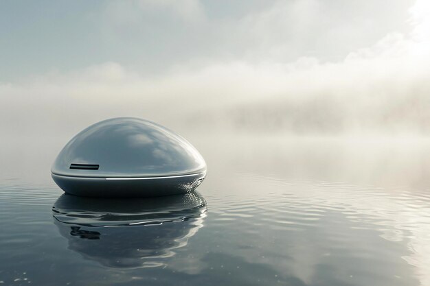 Laptop on the surface of the water in the morning fog