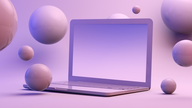 Laptop surrounded by spheres