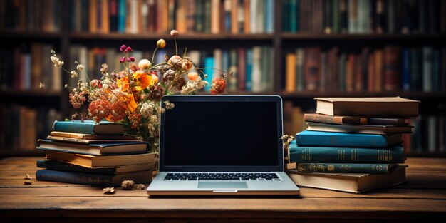 Photo a laptop surrounded by textbooks wallpaper