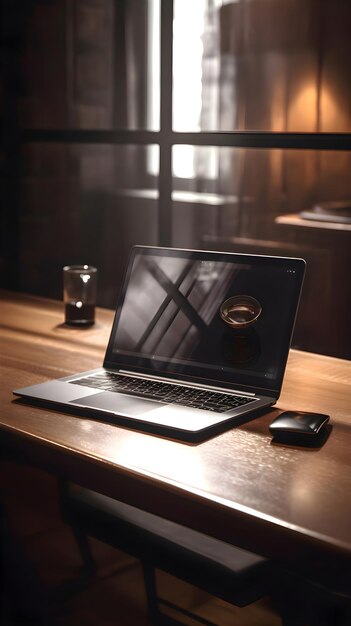 Photo laptop on the table in a cafe work from home concept