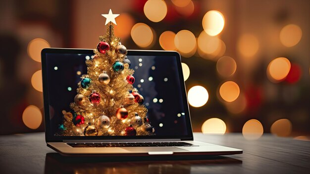 Foto laptop sul tavolo e albero di natale la vigilia di capodanno ai generativa