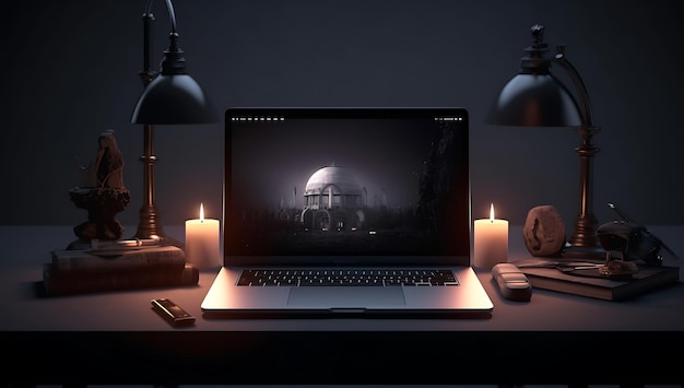 Photo laptop on table in dark room 3d rendering ai generated