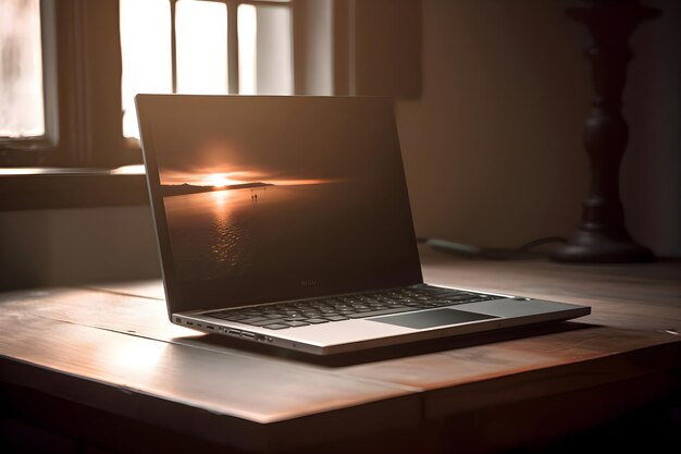 Foto laptop sul tavolo alla luce del sole mattutino