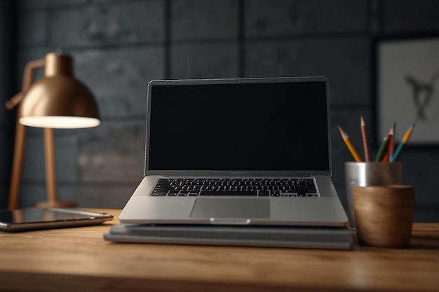 Laptop on the table in modern office 3d rendering