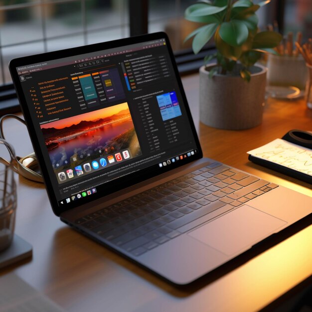 Laptop on a table in a modern office 3d rendering