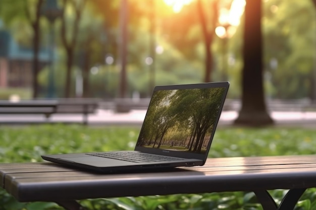 Laptop on a table park in the background outdoor work concept Generative AI