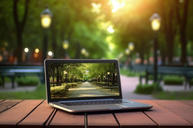 Laptop on a table park in the background outdoor work concept Generative AI