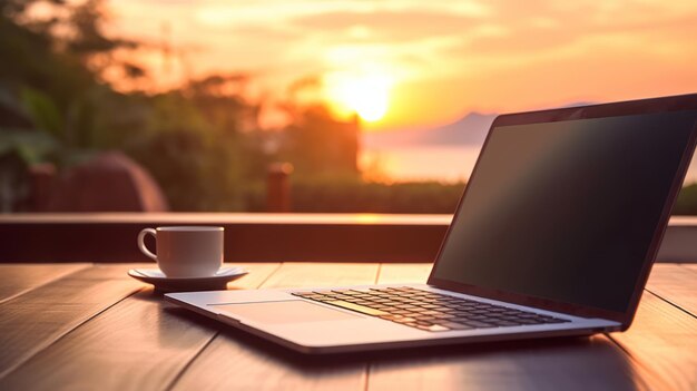 Photo laptop on a table at the sunset